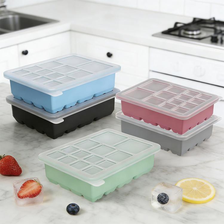 Square ice cube tray set with lids, 13-cavity silicone molds in blue, pink, and green