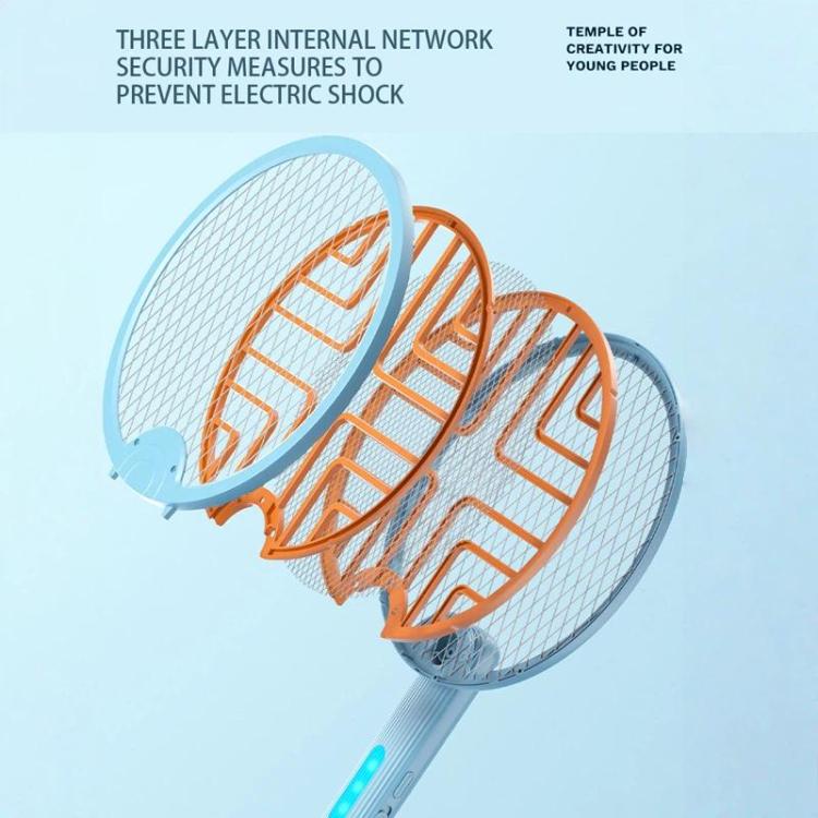 Folded mosquito zapper lamp with orange and white mesh over blue handle