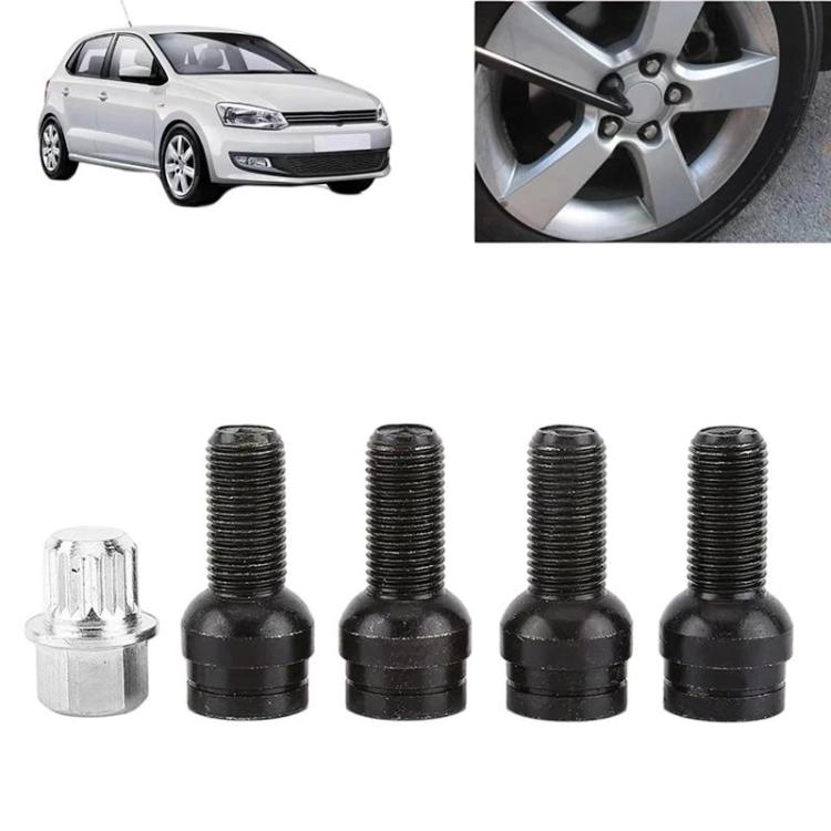 Tire anti-theft bolt kit with silver lock bolt and four black lug bolts