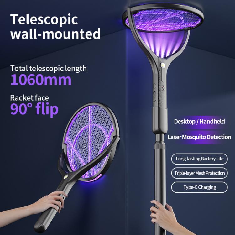 Telescopic wall-mounted electric mosquito racket with purple LED mesh