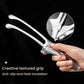 Stainless steel tongs with textured grip handle held in a hand