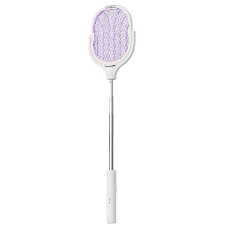 Electric mosquito racket with purple grid and white extendable handle