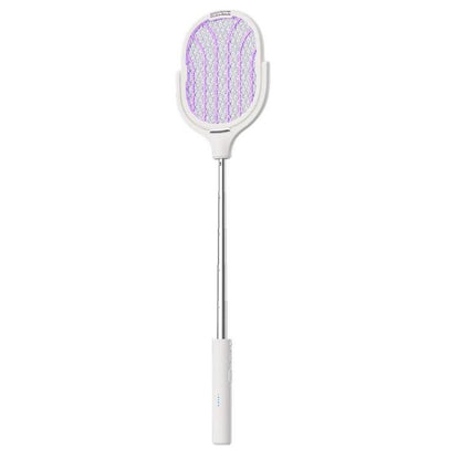Electric mosquito racket with purple grid and white extendable handle