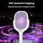 Electric mosquito racket with glowing purple grid, standing on an extendable base