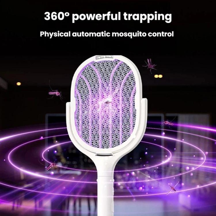 Electric mosquito racket with glowing purple grid, standing on an extendable base
