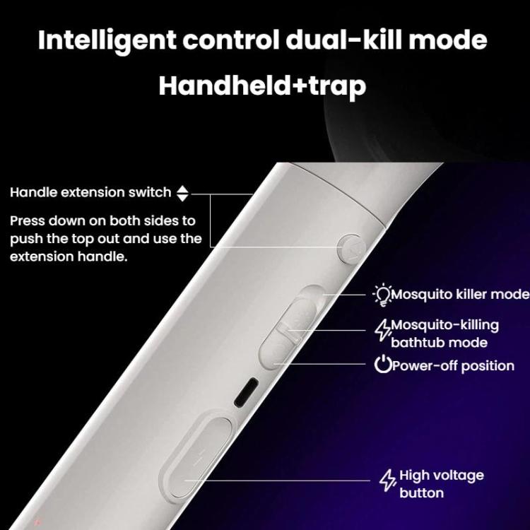 Extendable electric mosquito racket with white handle and extension switch