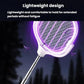 Electric mosquito racket with glowing purple mesh head on a long silver-and-white handle