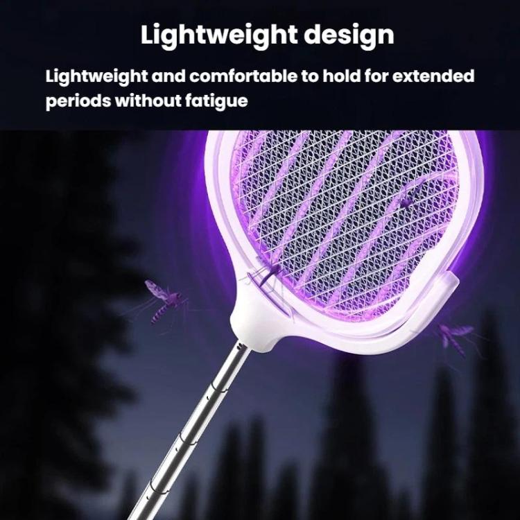 Electric mosquito racket with glowing purple mesh head on a long silver-and-white handle