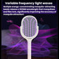 Electric mosquito racket with glowing purple mesh head and curved handle