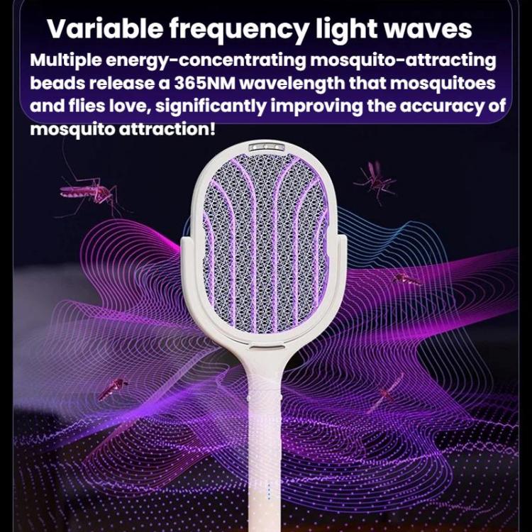 Electric mosquito racket with glowing purple mesh head and curved handle