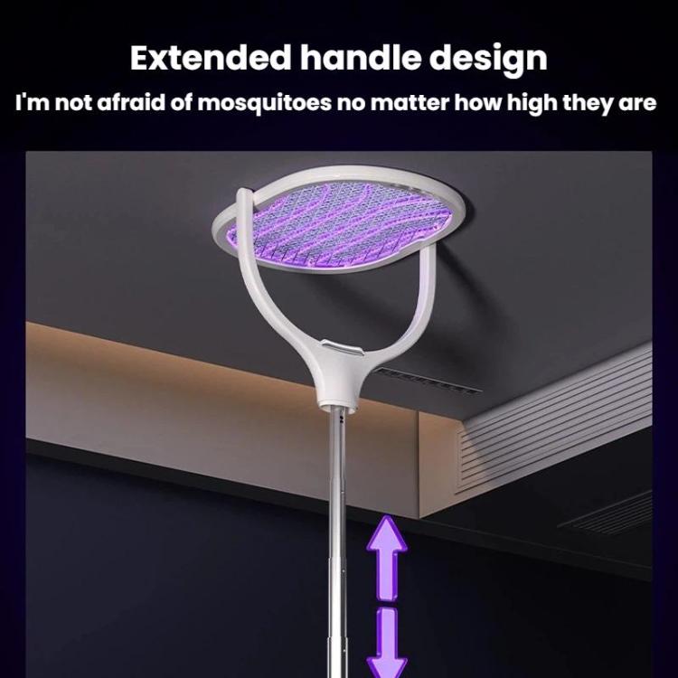 Electric mosquito racket with purple mesh head and extended tall handle for overhead use