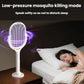 Electric mosquito racket on a floor base with glowing purple mesh head