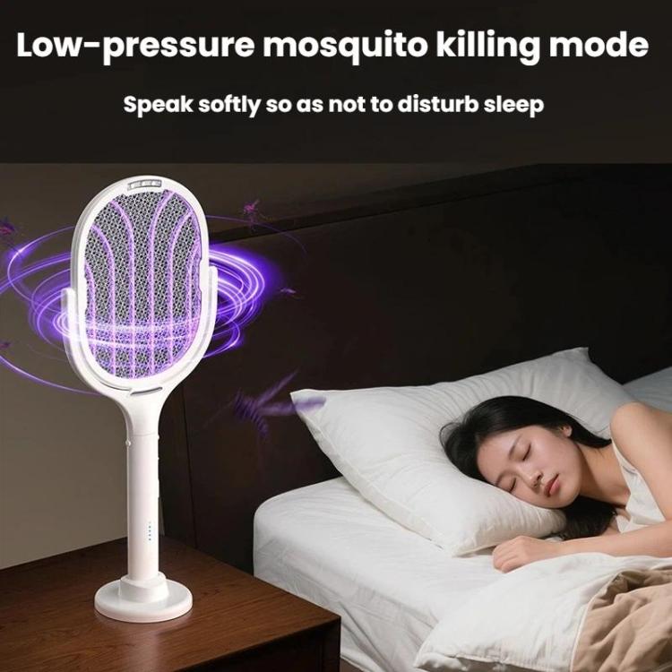 Electric mosquito racket on a floor base with glowing purple mesh head