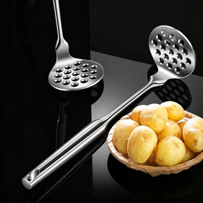 Stainless steel potato masher with round perforated disk and long handle