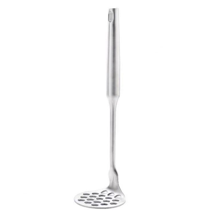 Stainless steel potato masher with slender handle and round perforated head