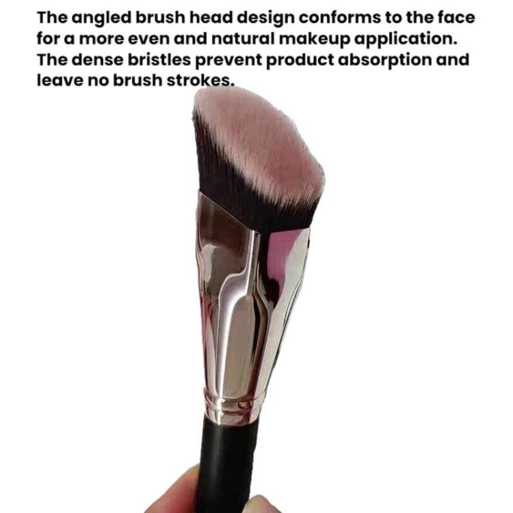 Angled flat contour makeup brush with dense trapezoid bristle head and silver ferrule