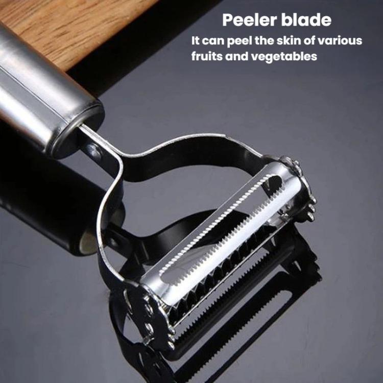 Close-up of stainless steel peeler blade with serrated edge and protective frame