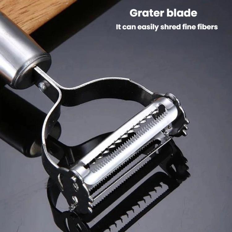 Close-up of stainless steel grater blade with fine shred teeth and curved frame
