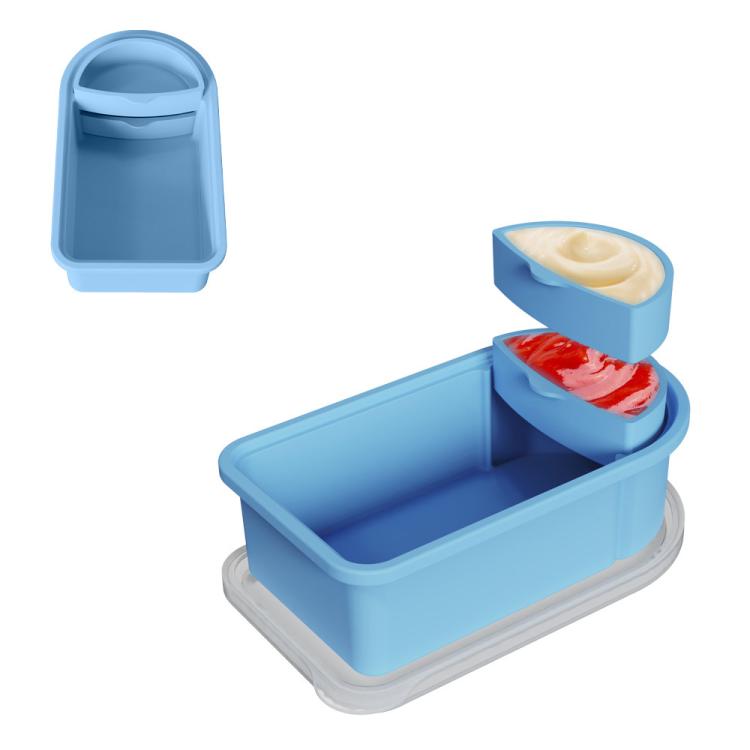 Blue silicone snack container with removable sauce compartment and lid