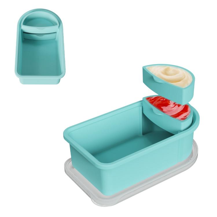 Cyan silicone snack container with detachable sauce insert and hinged lid
