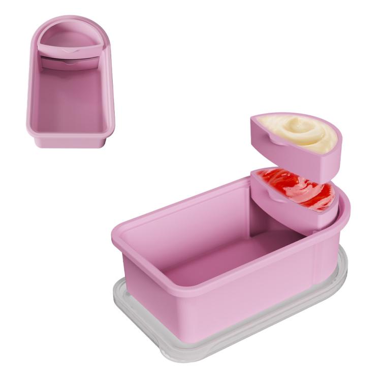 Pink silicone snack container with removable sauce compartment and snap lid