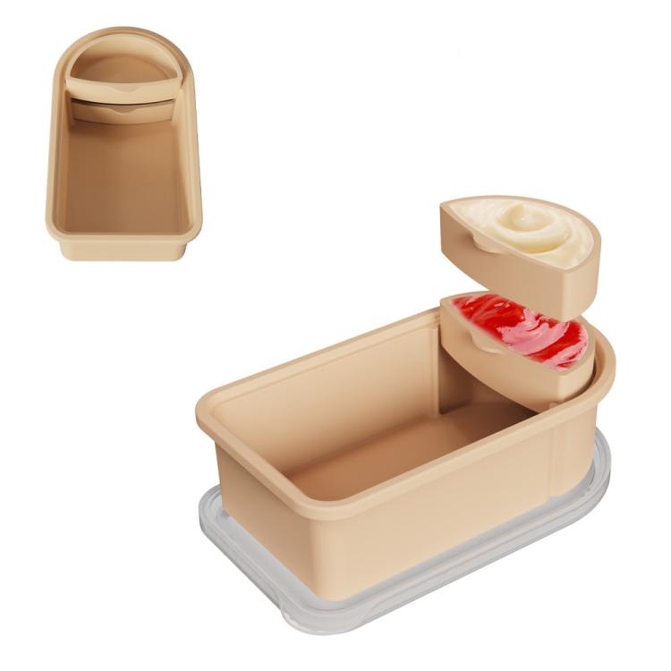 Khaki silicone snack container with detachable sauce section and hinged cover
