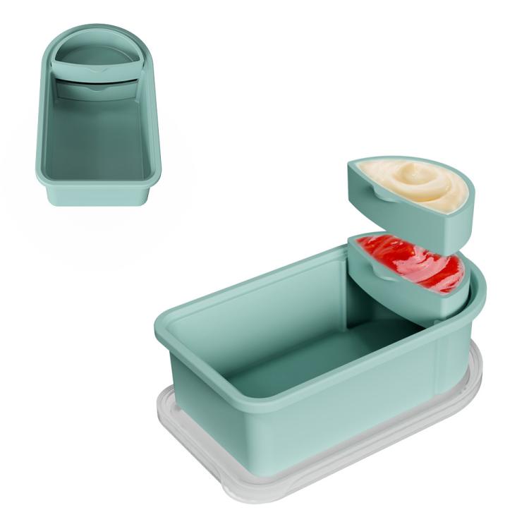 Green silicone snack container with removable sauce insert and hinged lid