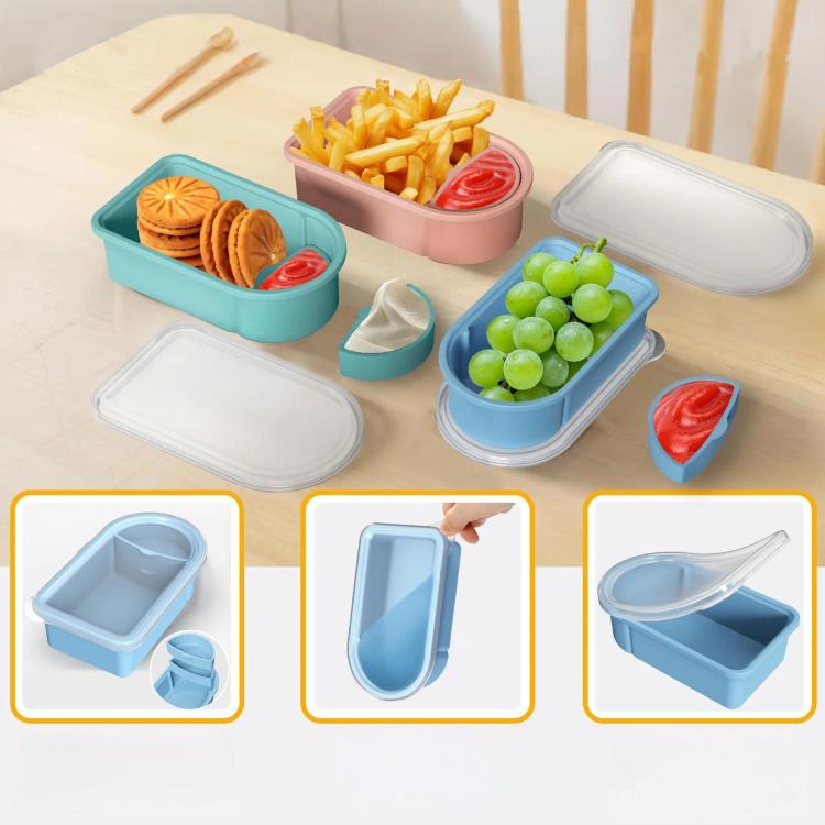 Set of silicone snack containers with lids, featuring separate sauce compartment