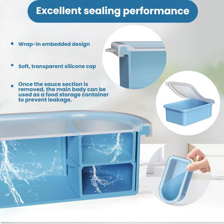 Blue silicone snack container showing open lid and removable sauce compartment
