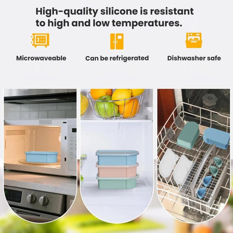 Silicone snack container shown in microwave, fridge, and dishwasher settings