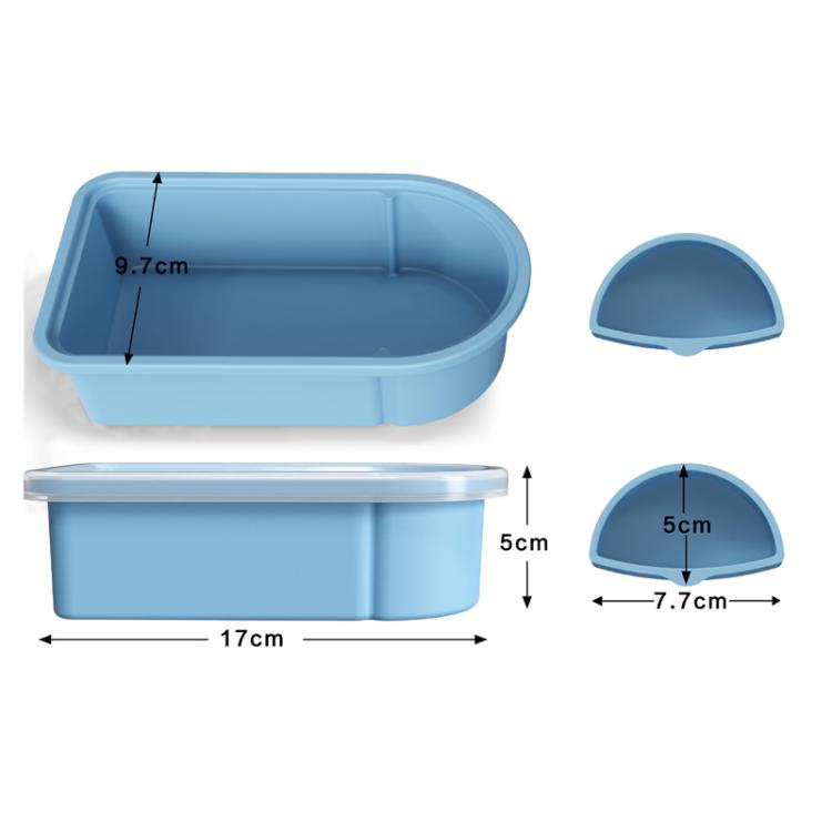 Blue silicone snack container with removable sauce compartment insert, travel meal prep