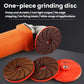 Dark brown grinding discs with threaded centers and an orange angle grinder