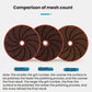 Three dark brown grinding discs with threaded centers and mesh count labels