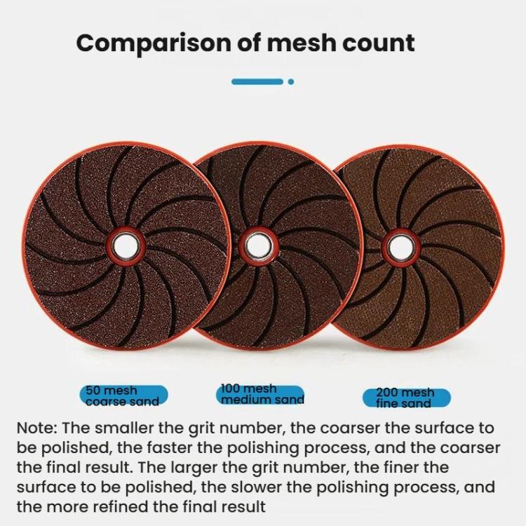 Three dark brown grinding discs with threaded centers and mesh count labels
