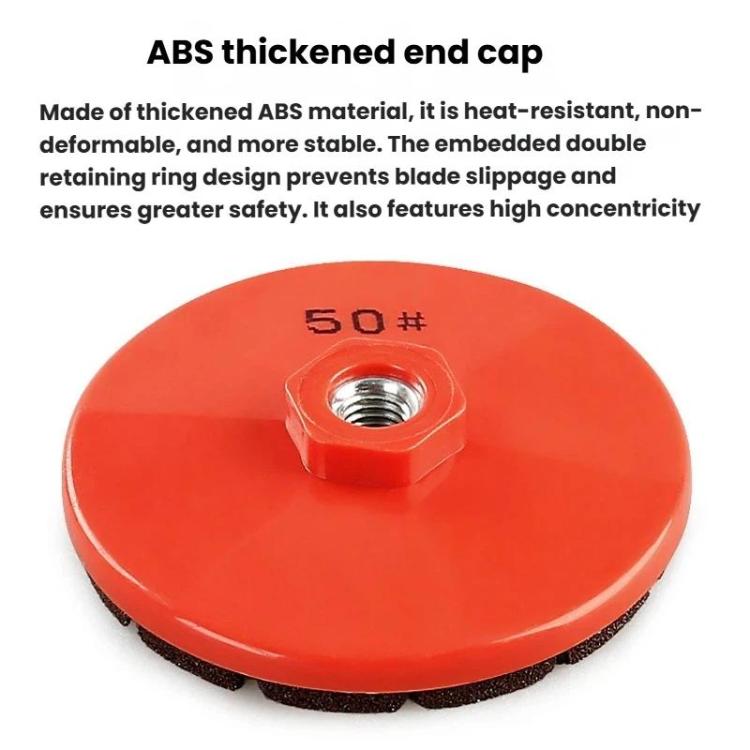 Tile edge grinding wheel end cap with threaded mounting hole in orange