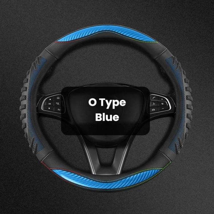 Blue O-type steering wheel cover with honeycomb texture and contrast stitching