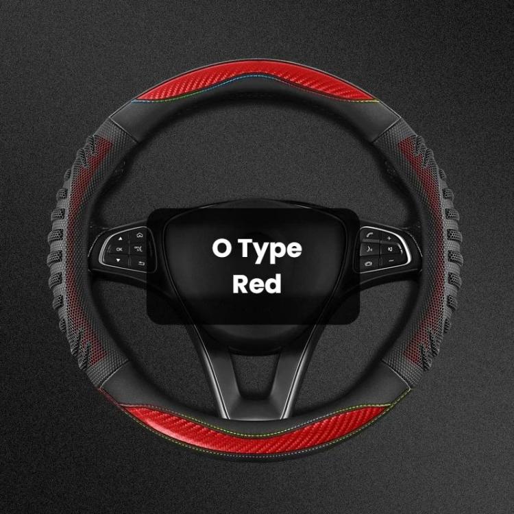 Red O-type steering wheel cover with honeycomb texture and contrast stitching