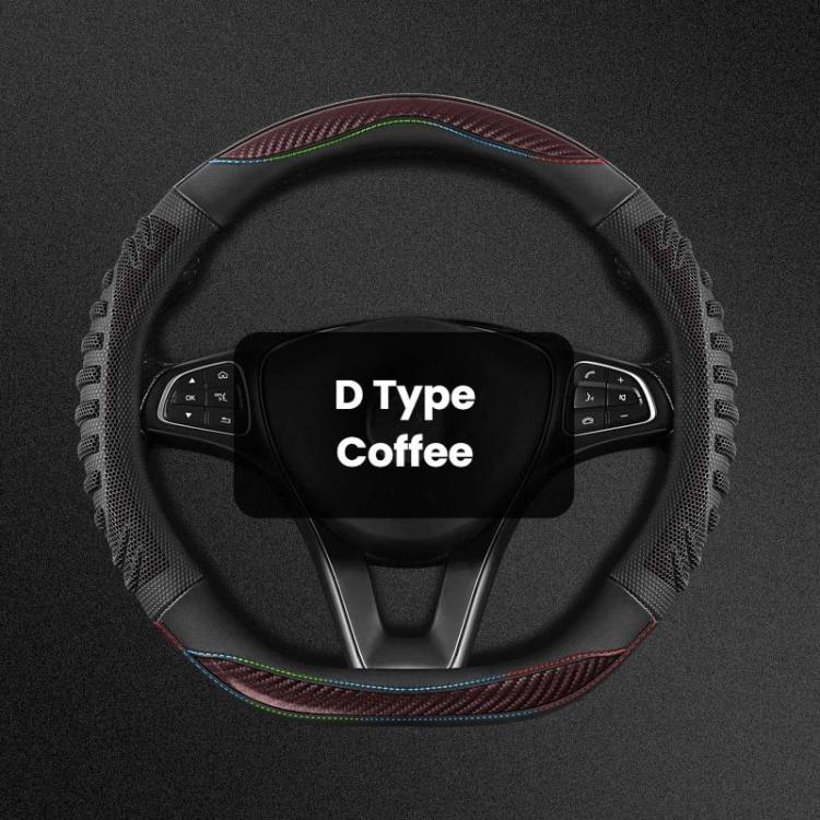 Coffee D-type steering wheel cover with honeycomb texture and contrast stitching