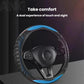 Universal no-sew steering wheel cover in black with blue edge trim and honeycomb texture