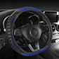 Black steering wheel cover with blue rim, honeycomb side grip, and stitched edge