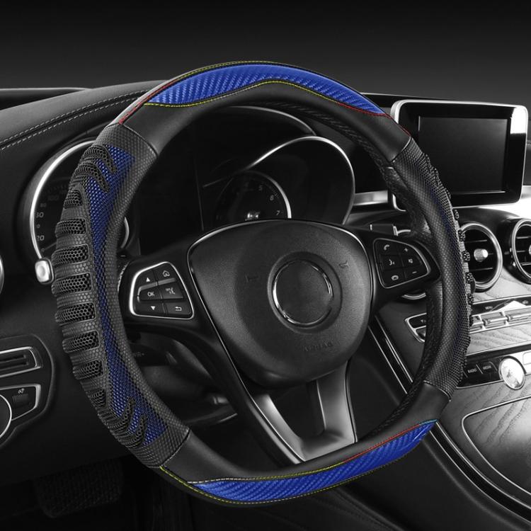 Black steering wheel cover with blue rim, honeycomb side grip, and stitched edge