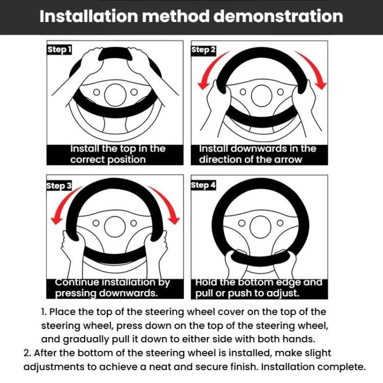 Steering wheel cover installation steps diagram showing placement and pressure points