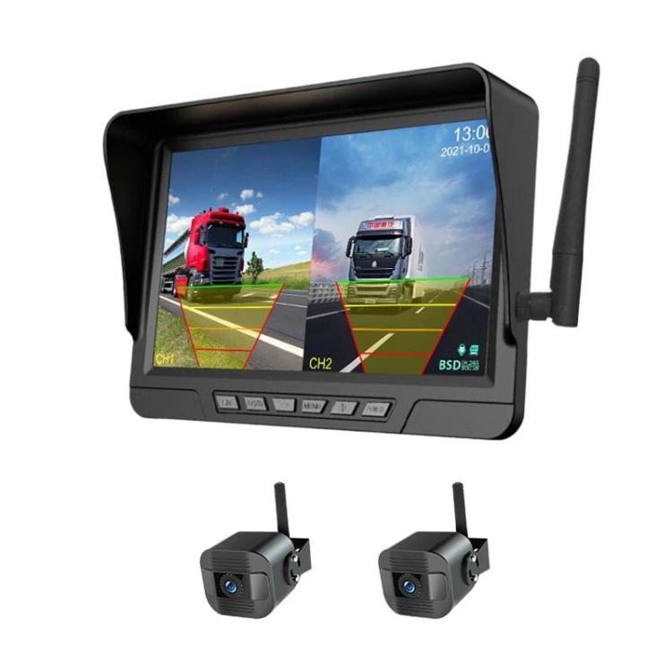 7-inch car wireless backup monitor with two small rear cameras and antenna