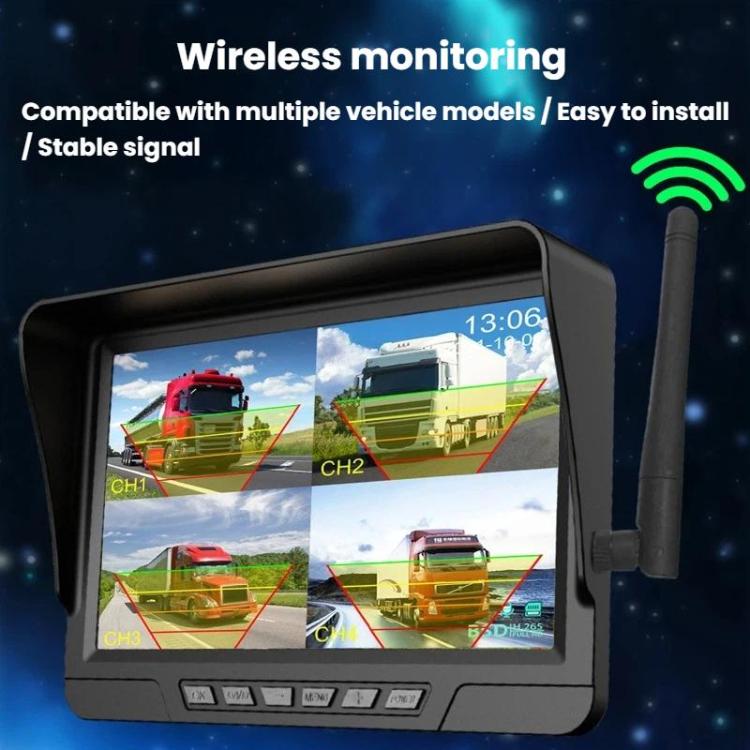 7-inch car wireless backup monitor with antenna showing multi-camera truck views
