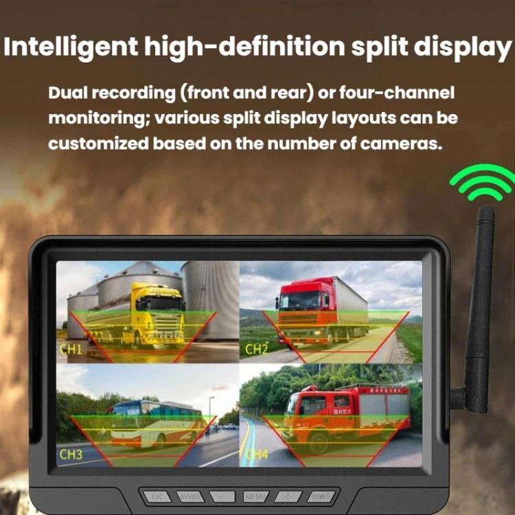 Car dashboard monitor with split-screen display and antennas, black bezel