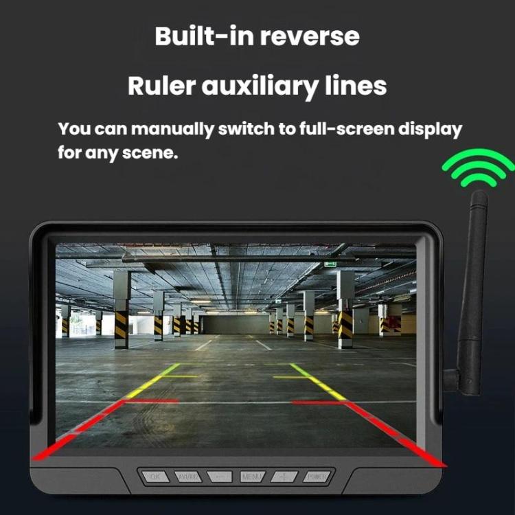 7-inch car wireless backup monitor showing parking garage view with red guidelines