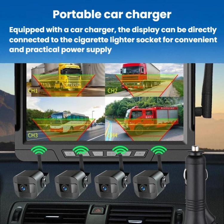 7-inch car monitor with antenna and four wireless camera units, split screen
