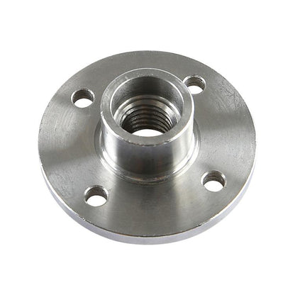 Metal angle grinder flange plate with threaded center bore and bolt holes