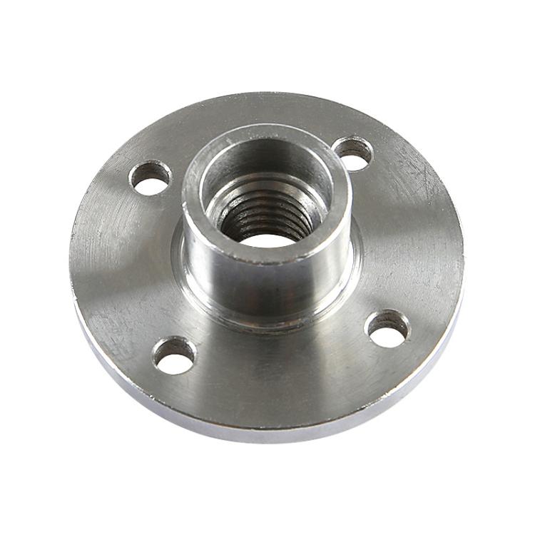 Stainless-style flange plate adapter with threaded hub and four side bolt holes