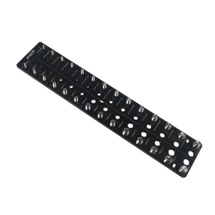 Black thread pitch gauge board with numbered slots and threaded fitting holes